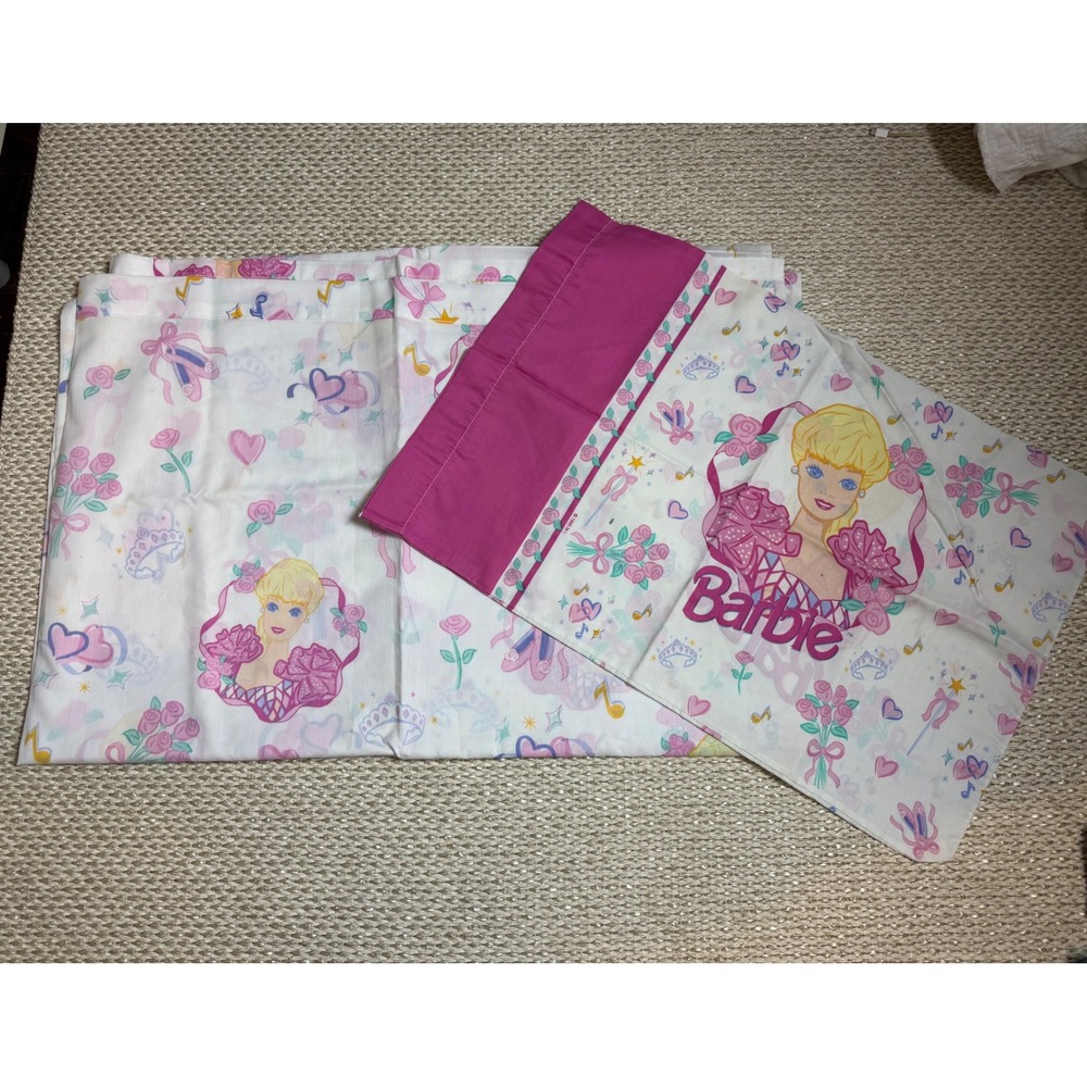 Vintage 1995 Barbie Twin Flat Sheet and Pillowcase Set The Bibb Company Pink 90s